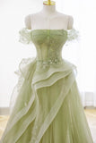 Elegant Sage Green Tulle Lace Prom Dress Off The Shoulder Long Evening Party Dress Prom Gowns HZ0311