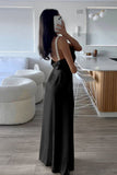 Sheath Spaghetti Straps Satin Long Prom Dresses With Pearls For Women HZ0311