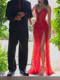 Red Strapless Beaded Fringe Waist Sequin Prom Dress with High Slit For Women HZ0311