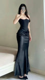Elegant Mermaid Strapless Navy Blue With Pleated Sleeves Long Formal Prom Evening Dress Dinner Outfits Party Gowns HZ0311