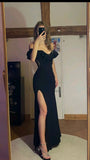 Modest Mermaid Off The Shoulder Black With Slit Satin Prom Dresses Long Party Dress Evening Dresses HZ0311