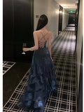 Chic Mermaid Halter Spaghetti Strap Long Prom Dresses Slit Navy Blue Long Formal Dresses HZ0311