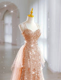 Luxury Evening Dresses Train Bride Beach Party Gold Sequins Douber Straps Prom Dresses Formal Gowns HZ0311