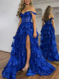 Off The Shoulder Layered Navy Blue Lace Long Prom Dress with Split Vestidos De Dia HZ0311