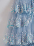 Light Blue Off The Shoulder Tulle Sequin Ruffle Tiered Long Gown with Slit Vestidos De Dia HZ0311