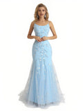 Floral Blue Mermaid Spaghetti Straps Maxi Long Party Prom Dresses Vestidos De Dia HZ0311