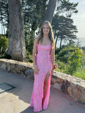Modest Mermaid Spaghetti Strap Pink Sequin Split Prom Dresses Inspo For Teens Formal Dress Party Outfits Prom Gowns HZ0311