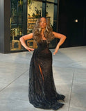Sexy Black Lace Sequin Slit Mermaid Long Prom Dress Evening Dress HZ0311