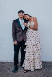 Sweetheart Black Polka Dots Chiffon Prom Dresses With Pleated And Ruffles Formal Dresses HZ0311