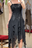 Charming Prom Dress Black Spaghetti Straps Ruffle Evening Dresses Chiffon Gala Gown Cocktail Outfits HZ0427