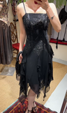 Charming Prom Dress Black Spaghetti Straps Ruffle Evening Dresses Chiffon Gala Gown Cocktail Outfits HZ0427
