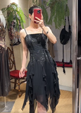 Charming Prom Dress Black Spaghetti Straps Ruffle Evening Dresses Chiffon Gala Gown Cocktail Outfits HZ0427