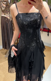 Charming Prom Dress Black Spaghetti Straps Ruffle Evening Dresses Chiffon Gala Gown Cocktail Outfits HZ0427