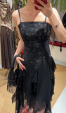 Charming Prom Dress Black Spaghetti Straps Ruffle Evening Dresses Chiffon Gala Gown Cocktail Outfits HZ0427