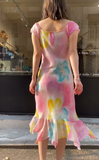 Fashion Prom Dress Chiffion V-neck Pleated Evening Dresses Print Gala Gown Cocktail Outfits HZ0427