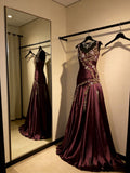 Chic Grape Dresses V-neck A-Line Long Prom Dresses Embroidery Satin Sleeveless Princess Formal Dress HZ0311