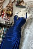 Vintage Halter Sheath Long Prom Dresses Beaded Satin Blue Evening Dresses Sleeveless Birthday Dresses HZ0311