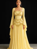 Pretty Mermaid Strapless Maxi Long Party Yellow Chiffon Prom Dresses Evening Dress HZ0311