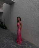 Classy Prom Dresses Inspiration Sheath Halter Pink Silky Satin Long Semi Formal Dance Grad Prom Dress For Teens High Schools HZ0311