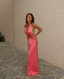 Classy Prom Dresses Inspiration Sheath Halter Pink Silky Satin Long Semi Formal Dance Grad Prom Dress For Teens High Schools HZ0311
