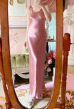 Beauty Prom Dress Pink Satin Crew Neck Evening Dress Long Cocktail Outfits Gala Gown HZ0427