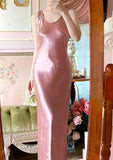 Beauty Prom Dress Pink Satin Crew Neck Evening Dress Long Cocktail Outfits Gala Gown HZ0427