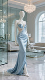 Sexy Mermaid Sweetheart Blue Slit Prom Dresses With Split Beads Party Dress Long Evening Dresses HZ0311