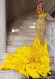 Glitter Mermaid Strapless Yellow Sequins Inspo Formal Party Gowns Long Prom Dresses HZ0311