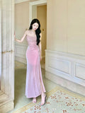 Modest Mermaid Spaghetti Strap Pink Sequin Evening Dresses Slit High School Teens Senior Night Dance Prom Outfits HZ0311