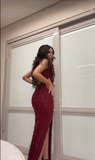 Gorgeous Mermaid V Neck Burgundy Sequins Beaded Bodice Prom Dresses Long Formal Party Gown HZ0311