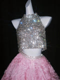 Princess Ball Gown 2 Pieces High Neck Silver Sequin Pink Floral Long Formal Evening Dress Formal 18th Birthday Gowns Prom Dresses HZ0311