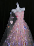 Cute Ball Gown Strapless Pink Sleeveless Floral Tulle Long Quinceanera Dresses Sweet 15 16 Birthday Outfits HZ0311