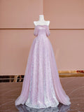 Sparkly A line Off The Shoulder Pink Sequined With Short Sleeves Formal Evening Dress Gowns Long Prom Dresses HZ0311