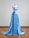 Luxurious Mermaid Strapless Blue Satin With Sequins Prom Dresses Long Evening Formal Birthday Party Gowns HZ0311