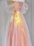Gorgeous A line Off The Shoulder Pink Sequined With Short Sleeves Formal Evening Dress Gowns Long Prom Dresses HZ0311