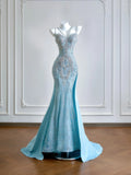 Luxurious Mermaid Spaghetti Strap Blue With Silver Beaded Prom Dresses Long Evening Formal Birthday Party Gowns HZ0311
