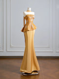 Romantic Mermaid Strapless Gold With Scarf Long Prom Dresses Impress 18th Birthday Outfits Party Gown HZ0311