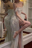 Shiny Off The Shoulder Prom Dresses, Long Evening Formal Gown With High Slit Party Gowns HZ0311