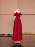 Gorgeous A line Off The Shoulder Burgundy Satin With Short Sleeves Formal Evening Dress Gowns Long Prom Dresses HZ0311