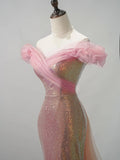 Sparkly Mermaid Off The Shoulder Pink Sequin Short Sleeves Long Prom Dresses Formal Gowns Evening Dress HZ0311