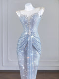 Sparkly Mermaid Scoop Neck Silver Sequin With Beaded Long Prom Dresses Formal Dress Party Birthday Outfits HZ0311