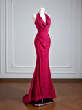 Flattering Mermaid Halter Fuchsia Prom Dresses Long Evening Formal Birthday Party Gowns HZ0311