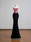 Flattering Mermaid Strapless Pink Satin With Velvet Black Prom Dresses Long Evening Formal Birthday Party Gowns HZ0311