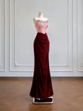 Romantic Mermaid Strapless Pink Top Satin Burgundy Velvet Long Prom Dresses Impress 18th Birthday Outfits Party Gown HZ0311