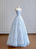 Timeless Ball Gown Strapless Light Sky Blue Tulle Long Prom Dresses Inspiration Party Gowns HZ0311