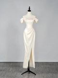 Modest Mermaid Off The Shoulder With Sleeves White Satin Wedding Gown Long Fairytale Summer Wedding Dresses HZ0311