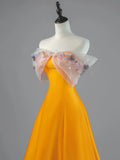 Modest A line Off The Shoulder Orange Appliqued Lace Satin Long Prom Dresses Night Formal Dresses HZ0311