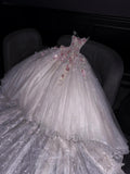 Princess Ball Gown Strapless Pink Floral Tulle Long Formal Evening Dress Formal 18th Birthday Gowns Prom Dresses HZ0311