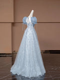 Fairytale Ball Gown Sweetheart With Puffy Sleeves Blue Tulle Long Formal Evening Dress Formal Birthday Gowns Prom Dresses HZ0311