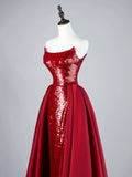Sparkly Mermaid Strapless Burgundy Sequin Pleated With Train Satin Long Prom Dresses Formal Gowns HZ0311